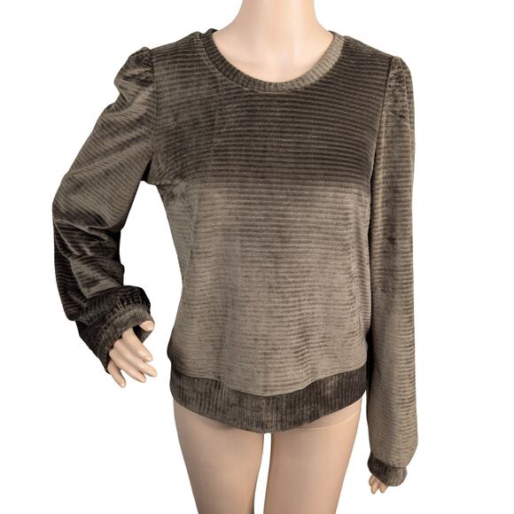 Heartloom Tops - Heartloom Allie Ribbed Velvet Puff Sleeve Pullover Top Olive Green Size S